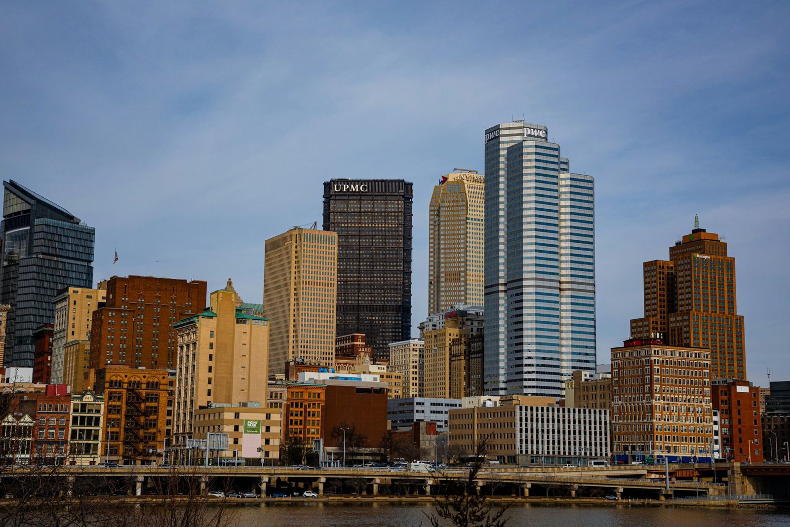 Downtown Pittsburgh seen across the river, with the UPMC and PNC towers