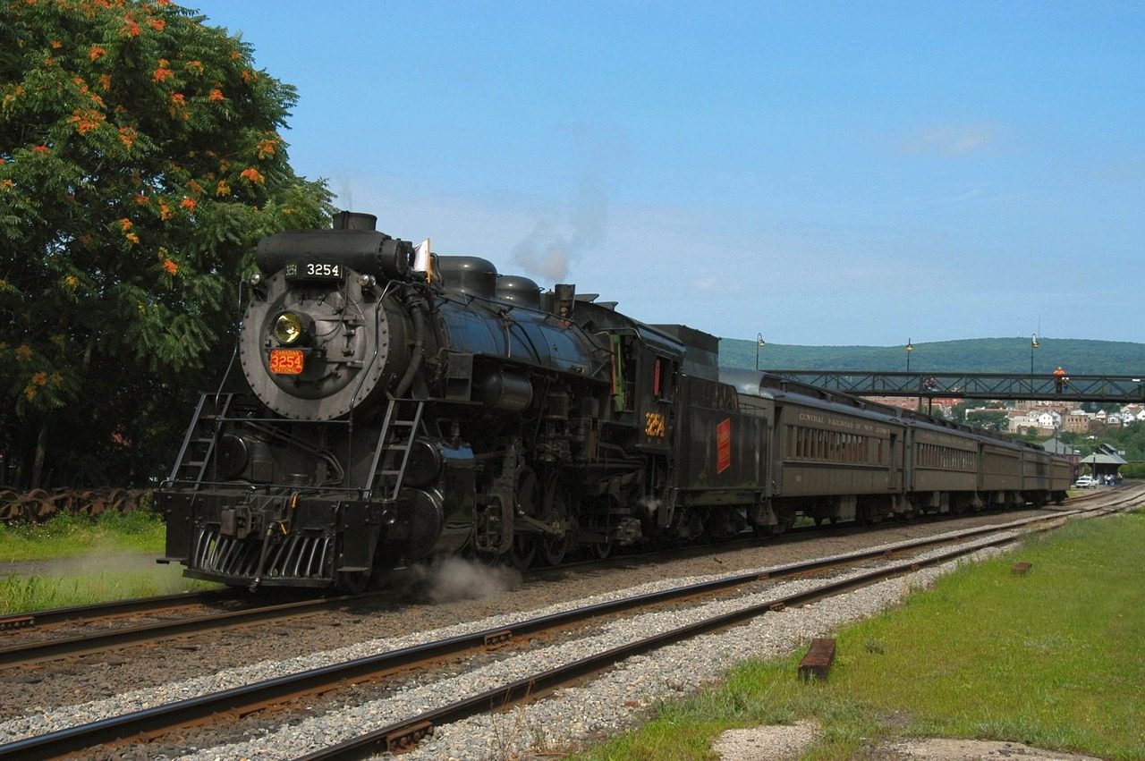 A preserved steam locomotive and passenger cars on the tracks at Scranton, Pennsylvania